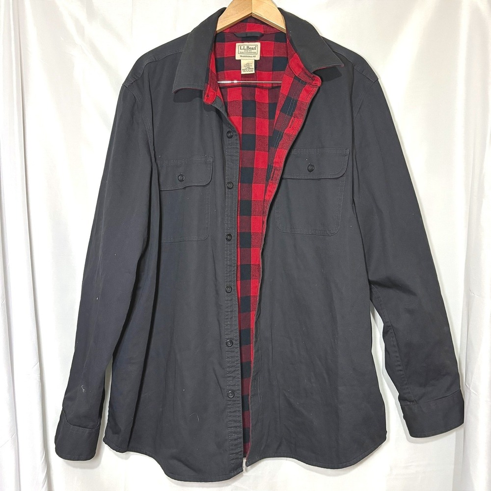 LL Bean Mens Flannel Lined Shirt Jacket Black Buffalo Plaid Large 298205